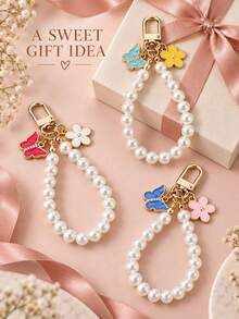 1pc Faux Pearl Beaded Flower Pendant Keychain, Sweet Fashionable Key Chain, Women's Bag Charm, Phone Strap, Earphone Case Anti-Loss Lanyard, Backpack Charm And Handbag Accessory, Suitable For Daily Commute, Birthday Gift, Halloween Gift, Thanksgiving Gift And Christmas Gift Exquisite Small Accessory - Multicolor - View 2