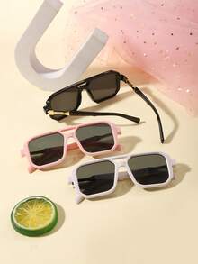 3pcs Kids 3-8Y Solid Color Double Bridge PC Frame Fashion Glasses, Retro Square Style For Party, Vacation And Daily Outings With Glasses Box - Multicolor - View 8