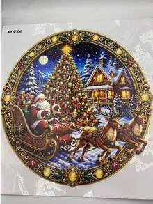 1pc Vintage Round Santa Claus Reindeer Sleigh Static Window Sticker, Christmas Tree Snow Scene Window Decoration Sticker, Christmas Decor, Glass Window Sticker, Christmas Gift - Multicolor - View 6