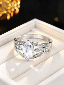 1pc Women's Banquet Sparkling Marquise Main Stone Ring, Feather Hollow Zirconia Inlaid Design, Niche High-End Hand Accessory - Ring - View 2