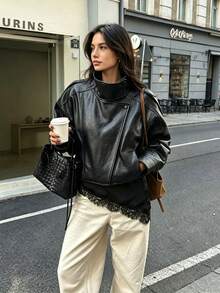 Liorin Autumn/Winter New Women's European And American Style Fashion Minimalist Versatile Lychee Grain Leather Stand Collar Jacket - Black - View 1