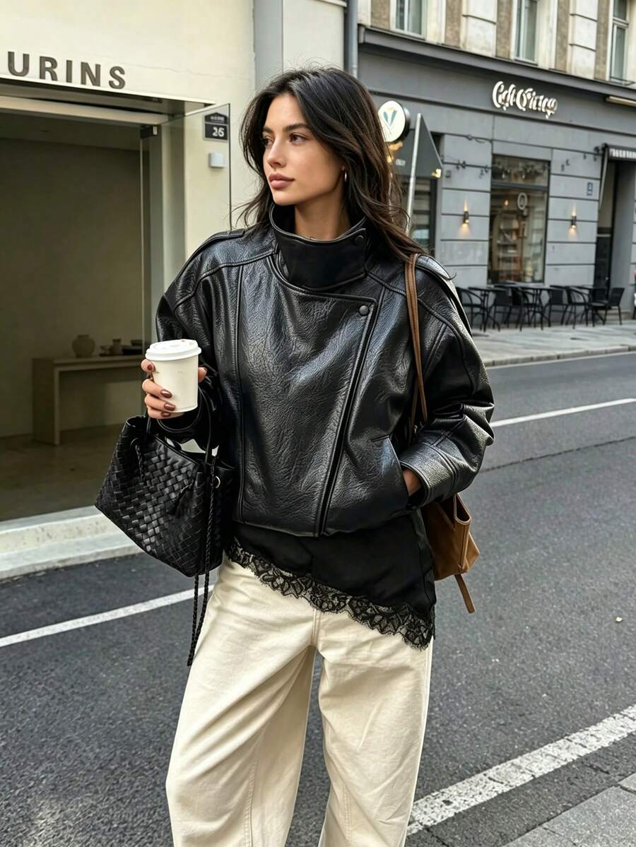 Liorin Autumn/Winter New Women's European And American Style Fashion Minimalist Versatile Lychee Grain Leather Stand Collar Jacket - Black - View 1