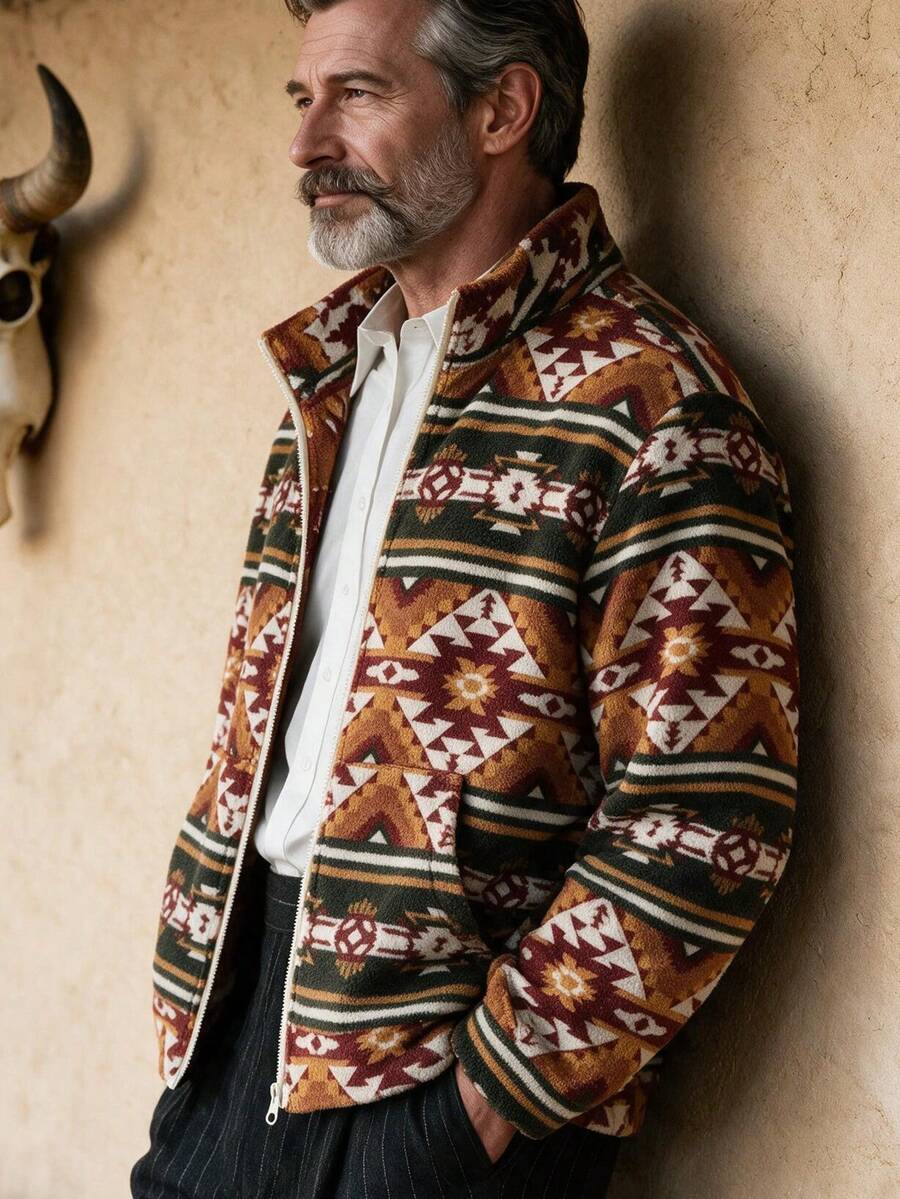 GOLDREDY Men's Autumn/Winter Vintage Geometric Pattern Warm Full Zip-Up Stand Collar Pocket Sweatshirt - Orange - View 1