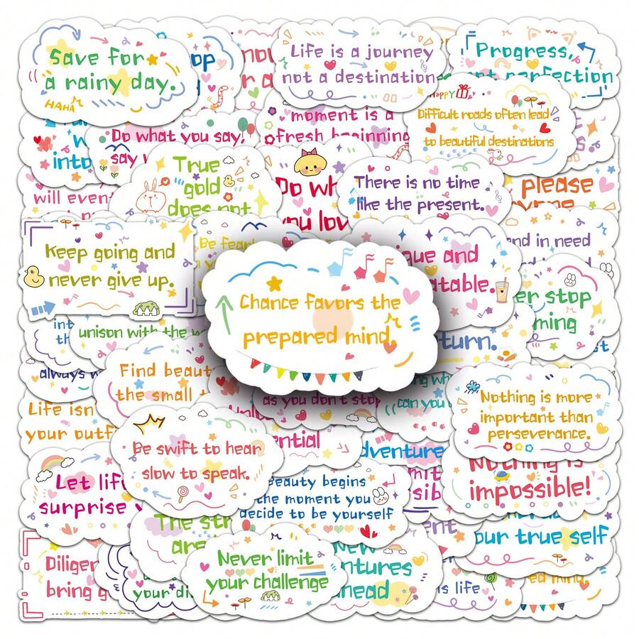 50pcs Inspirational Quotes Stickers Pack, Waterproof Vinyl Colorful Cloud Text Stickers, Inspirational Phrases Handwritten Style Stickers, Suitable For Planner, Diary, Notebook, Laptop, Water Bottle DIY Decoration, Encouragement Gift For Students
