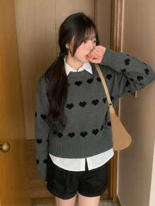 Sweater Kasual Longgar Serbaguna Motif Hati untuk Hari Valentine - Grey - View 5
