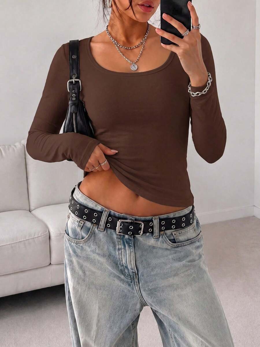 1pc Women's Solid Color Square Neck Slim Fit Long Sleeve T-Shirt, Elastic Slim Fit Sexy Top, Suitable For Daily Commute And Travel - Brown - View 1