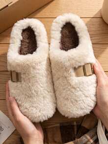 Women's Solid Color Slip-On Thermal Lined Anti-Slip Flat Fashion Versatile Home Slippers Suitable For Autumn/Winter - White - View 7