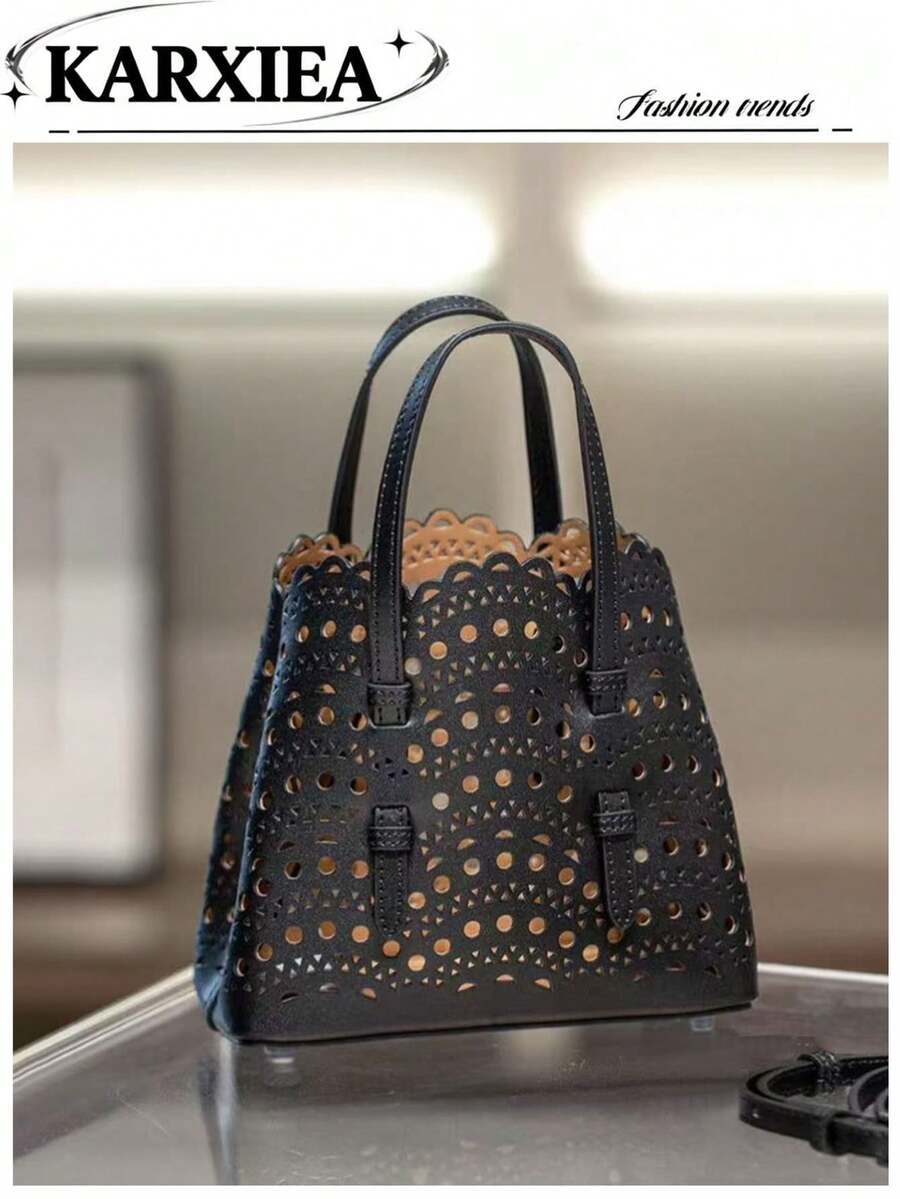 Ladies Tote Bag, Summer New Hollow Out Handbag, Versatile Structured Bag, Shoulder Satchel, Minimalist Solid Color Large Capacity Bag, Bucket Bag Set - Black - View 1
