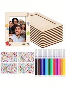 1pc Unfinished Wooden Photo Frame DIY Craft Kit, Includes Colored Pens And Crystal Diamond Stickers, Suitable For Photo Frame Decoration, Customized Art Projects, Vertical Desktop Display Photo Frame, Home Decor, Personalized Photo Display, Art Project Gift, Birthday And Graduation Ceremony Occasions. - Multicolor - View 6