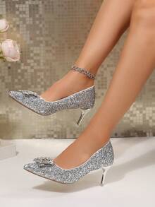 Gritter Silver Bow New Chinese Style Fabric Glitter 2026 Fashion High Heel Pumps Outdoor All Season - Silver - View 5