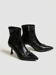 Women's Brown High Heel Ankle Boots, Ankle Boots, Elastic Slim Fit Boots, Chunky Heel Square Heel Boots - Black - View 3