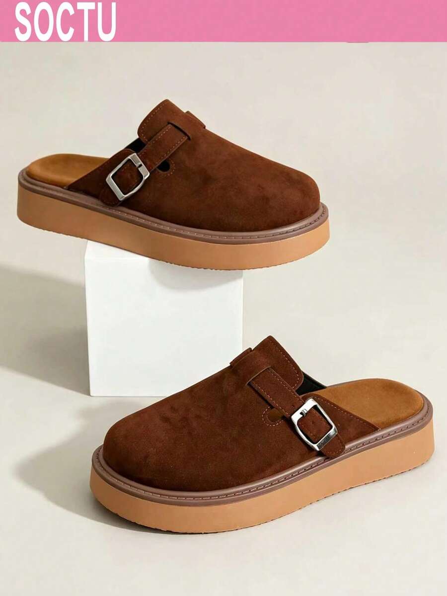 SOCTU Sepatu Mules Wanita Model Slip-On Kasual Modis dengan Sol Tebal dan Ujung Bulat Terbaru untuk Musim Semi.