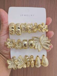 6/18PCS Fashionable Elegant Floral Geometric Multi-Element Gold Metallic Earrings Set, Women's Fashion Earrings Set (Lightweight CCB Material, Non-Fading) - Gold - View 7