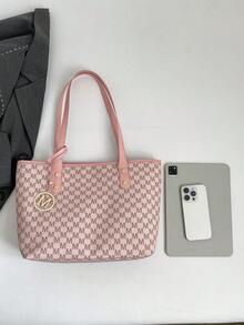 X.Y. Bags 女款粉色字母印花托特包，附金色環吊飾，雙手柄，復古手提包，適合日常通勤與購物 - 粉色 - 查看 9