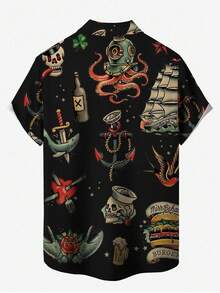 Men's Halloween Digital Print Turn-Down Collar Chest Pocket Vacation Fashion Vintage Casual Short Sleeve Shirt - Black - View 3