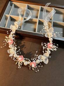 1pc Handmade Pink Flower Pearl Floral Headband, Tulle Floral Crown With Long Ribbon, Elegant Girls Floral Hair Accessory, Suitable For Birthday Party, Photography - Multicolor - View 6