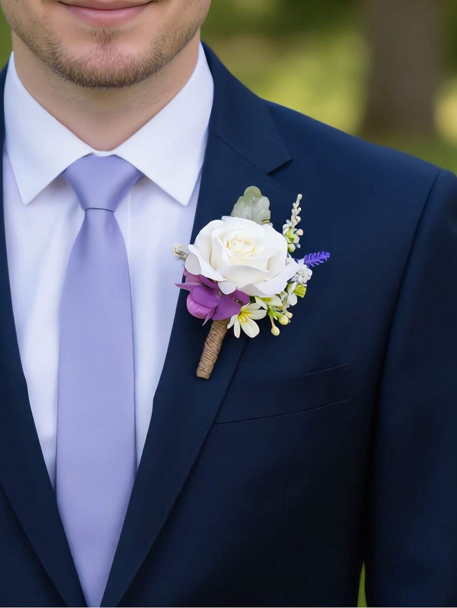 1pc Handmade Wedding Boutonniere For Men, White Rose & Purple Hydrangea Artificial Groom Lapel Pin, Buttonhole For Wedding Prom Anniversary - Multicolor - View 1
