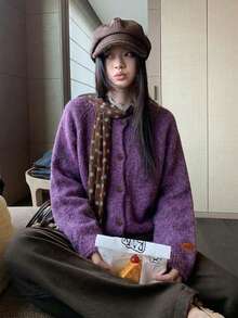 Solid Color Round Neck Cuffed Single-Breasted Knit Cardigan, Casual Commute Lazy Style Sweater Jacket - Purple - View 10