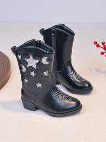 Girls' Princess Boots, New Autumn/Winter Warm Long Boots For Little Girls, Children's Embroidered Western Boots - Black - View 2