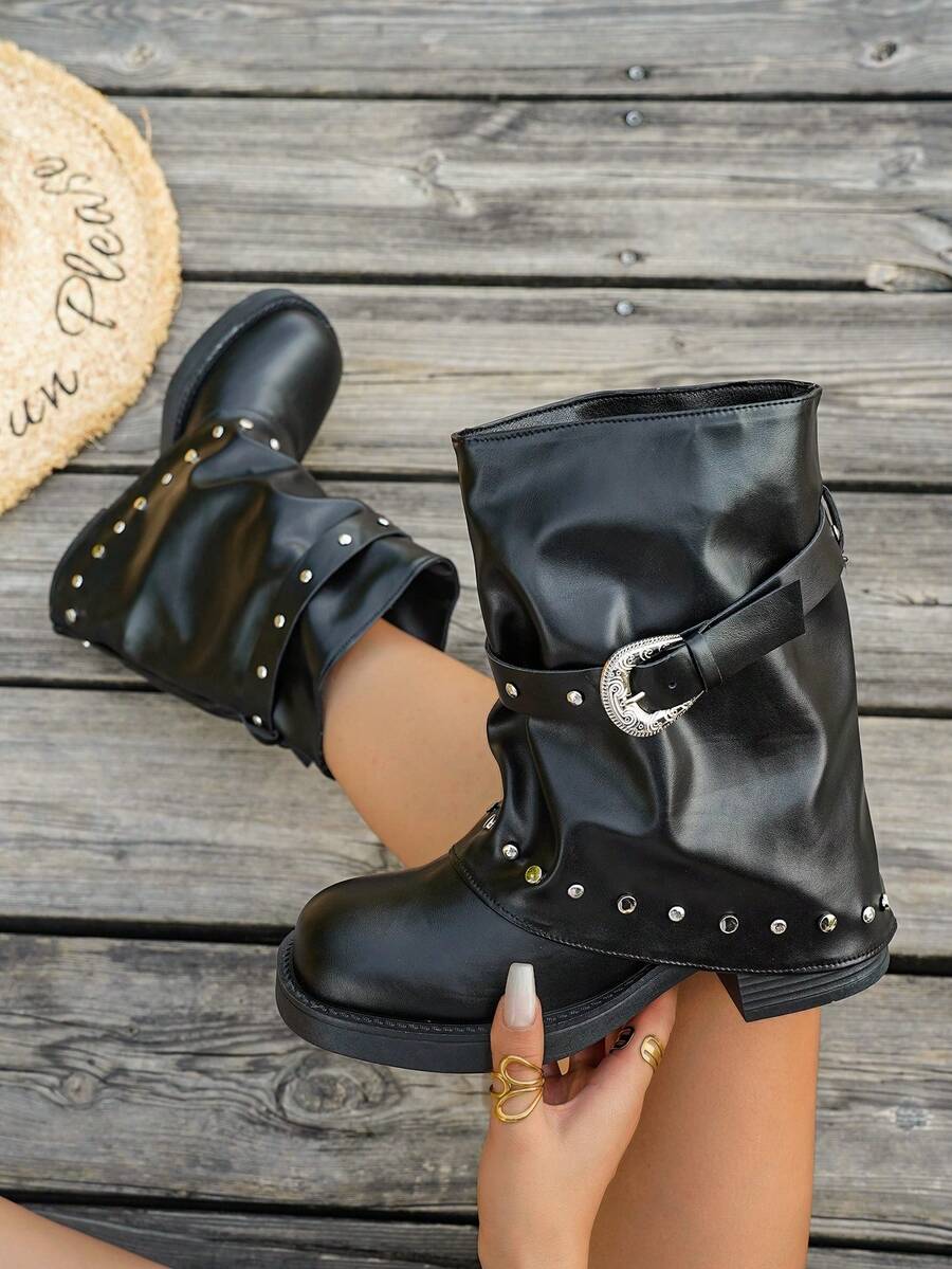 1 Pair Punk Style Multi-Metal Buckle Design Ruched Chunky Heel Mid-Calf Motorcycle Boots Riding Boots - Black - View 1