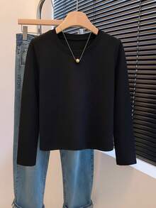 Black Round Neck Long Sleeve T-Shirt Women's Autumn New Slim Fit Short Length Elastic Base Layer Versatile All-Match Top - Black - View 2