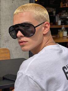 1 Pair Men's Black Round Oversized Frame Street Style Personalized Outfit Outdoor Travel Vacation Fashion Glasses - Black - View 1