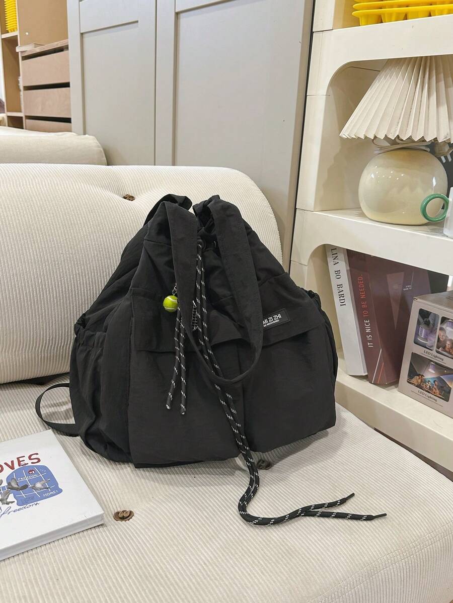 1 túi xách đeo vai nữ dáng xô màu đen bằng nylon, phong cách thường ngày, nhẹ, có dây rút, thiết kế nhiều ngăn, dùng hàng ngày - màu đen - Xem 1