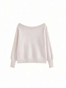 美式復古女款露肩長袖針織毛衣 秋冬寬鬆慵懶休閒百搭露肩上衣 - 淺粉色 - 查看 4