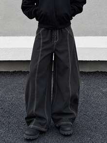 Men's Daily Wide Leg Pants, Geometric Stitch Design, Loose Fit, Autumn/Winter Sports Casual Streetwear - Black - View 3