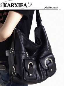 Fashionable PU Leather Women's Backpack, Large Capacity Soft Leather Student Bag, Suitable For Girls, Ladies, Commuting, School, Outdoor Use - Black - View 10
