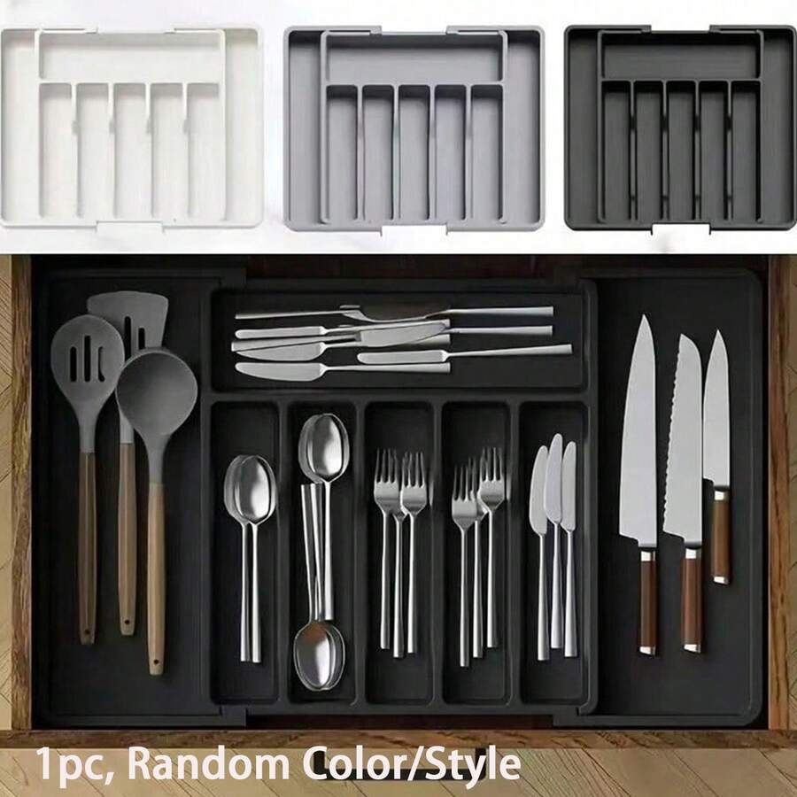 1pc Expandable Cutlery Drawer Organizer, Extendable Utensil Tray, Multi-Functional Kitchen Storage, Suitable For Storing Spoons, Forks, Knives, Hardware Tools, Cosmetics And Other Items, Applicable For Kitchen Cabinets, Living Room, Bedroom And Tool Room - Multicolor - View 1