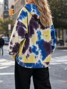 1pc Women's Tie-Dye Hooded Sweatshirt, Outdoor Mountain Style, Kangaroo Pocket, Drawstring Pullover, Versatile Jacket For Cycling, Climbing - Yellow - View 8
