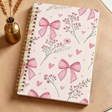 DANPERJI 1pc A5 Lined Spiral Notebook, Soft Pink Bow & Floral Pattern, Lined Paper Notebook, Aesthetic Back To School Notebook, Suitable For School, Office & Daily Notes School Supplies - Bow - View 6
