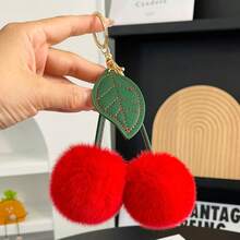 Cute Cherry Faux Rabbit Fur Ball Bag Charm, Leather Leaf Plush Cherry Keychain, Soft Girly Bag Pendant Decoration, Small Gift For Best Friend Birthday And Holiday - Multicolor - View 3