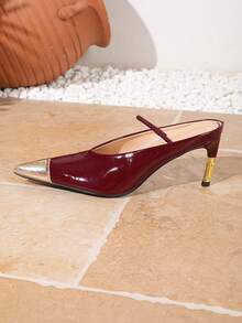 Sexy Fashion Patchwork Pointed Toe Stiletto High Heels With Metal Heel Cap For Women, Burgundy - Burgundy - View 7