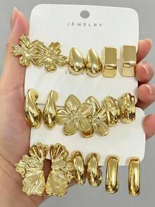 6-18pcs Gold Geometric Hoop Earrings Set, 3D Flower Honeycomb Stripe Ear Cuffs, Versatile High-End Niche Style Earring Combination - Gold - View 1