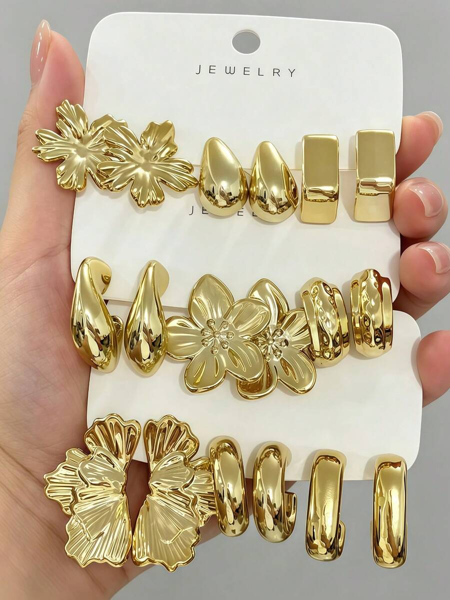 6-18pcs Gold Geometric Hoop Earrings Set, 3D Flower Honeycomb Stripe Ear Cuffs, Versatile High-End Niche Style Earring Combination - Gold - View 1