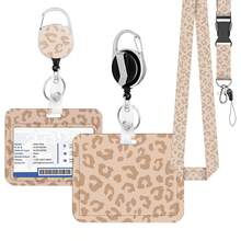 1 Set Retractable ID Badge Holder With Detachable Lanyard, Heavy Duty Badge Reel, Removable Keychain, Cruise Card Holder, Horizontal Card Protector Suitable For Nurses, Doctors, Teachers, Women, Men, Office Supplies (Light Brown Leopard Print) - Business Model - View 10