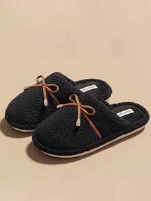 Women's Plush Bowknot Decor Closed-Toe Indoor Slippers, Soft Thick Sole Warm Cotton Bedroom Slippers For Autumn/Winter - Black - View 10