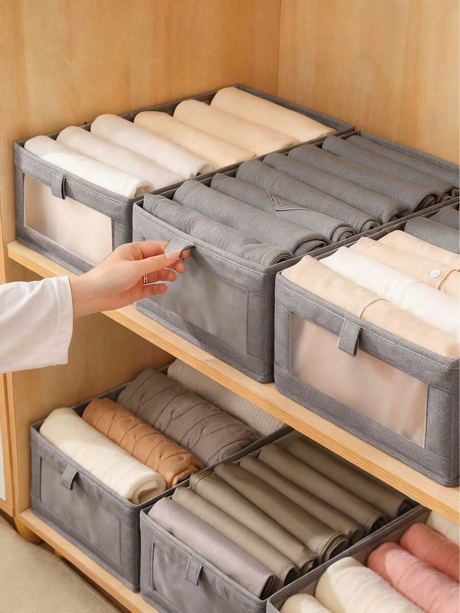 1pc Foldable Clothes And Blanket Storage Box With Transparent Window And Handles, Reinforced Collapsible Linen Storage Basket, Fabric Window-Style Closet Organizer, Large Clothing Storage Bin - Grey - View 1