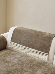 1pc Solid Color Tassel French Chenille Decorative Sofa Cover, Vacation Decor Pet-Friendly Machine Washable, Living Room Bedroom Sofa Cover Old Sofa Refurbishment, Suitable For 1/2/3/4 Seat Armrest Backrest Cover - Khaki - View 7