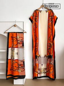 1 Set Faux Silk Minimalist Premium Horse Pattern Print Long Robe Set For Women, Beach Cover-Up Sun Protection Pullover Shawl With Satin Scarf, Perfect For Layering And Daily Wear - Multicolor - View 1
