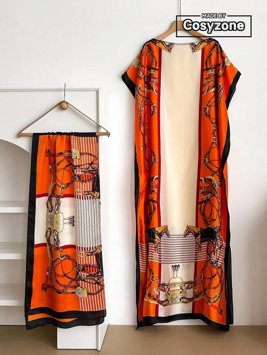 1 Set Faux Silk Minimalist Premium Horse Pattern Print Long Robe Set For Women, Beach Cover-Up Sun Protection Pullover Shawl With Satin Scarf, Perfect For Layering And Daily Wear - Multicolor - View 1