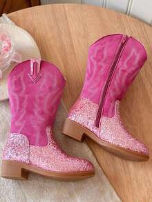 1 Pair Girls' Western Boots With Buckle Decor, Suede PU Material, Toe-Split Mid-Calf Flat Sole, Personalized Style, Suitable For Summer/Spring/Autumn Travel/Street Wear - Hot Pink - View 5