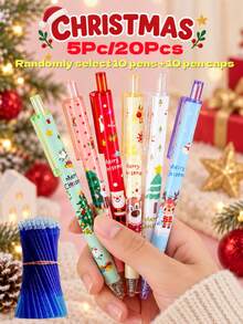 5pcs/20pcs Christmas Themed Retractable Gel Pens With Refills Set, Includes Random 10 Pens And 10 Refills, Suitable For Students' Daily Writing, Journaling, And As Christmas Gifts For Children From Parents - Multicolor - View 1