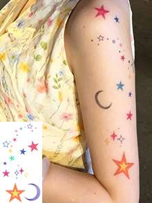 1 Sheet Colorful Star & Crescent Moon Temporary Tattoo Stickers, Hand Drawn Multi-Color Stars With Tiny Dots Fake Tattoos, Waterproof Dreamy Body Art For Upper Arm Forearm - Multicolor - View 1
