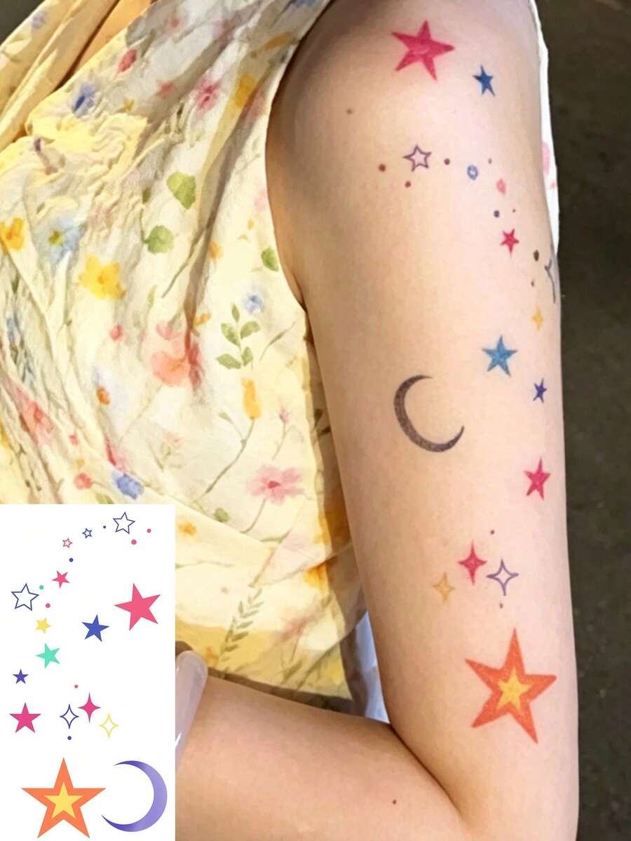 1 Sheet Colorful Star & Crescent Moon Temporary Tattoo Stickers, Hand Drawn Multi-Color Stars With Tiny Dots Fake Tattoos, Waterproof Dreamy Body Art For Upper Arm Forearm - Multicolor - View 1