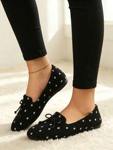 Maillard Black Polka Dot Bow Shallow Loafers, Fuzzy Round Toe Flat Slip-On Shoes, Soft Sole Daily Commute Shoes - Black - View 5