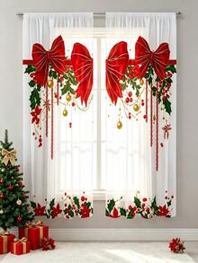 2PCS Christmas Sheer Curtains, Happy Holidays, Bow And Christmas Berry Patterns, Polyester Fiber Material,Trunked Window Screen,Four Seasons Home Window Decoration,Kitchen,Living Room,Bedroom,Dining Room Available In Multiple Sizes,Christmas Gifts - Multicolor - View 6