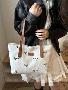 Women's Bowknot Print Denim Tote Shoulder Bag, Contrast Color Faux Leather Strap Large Capacity Handbag, Casual Daily School Shopping Bag - Multicolor - View 5